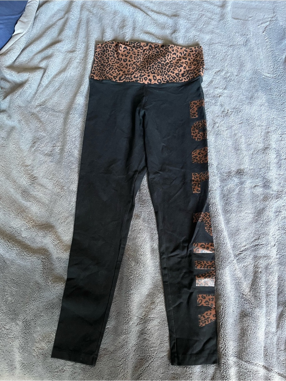 Victorias' Secret Pink Black Leggings with Leopard Print Waistband